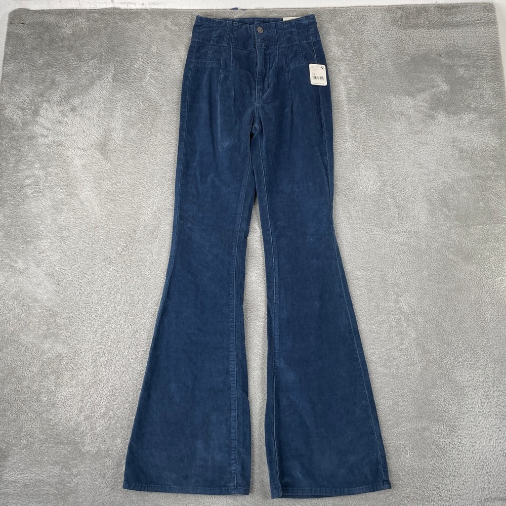 Free People We The Free Pants Womens 24 Blue Corduroy Flare Boho High Waist